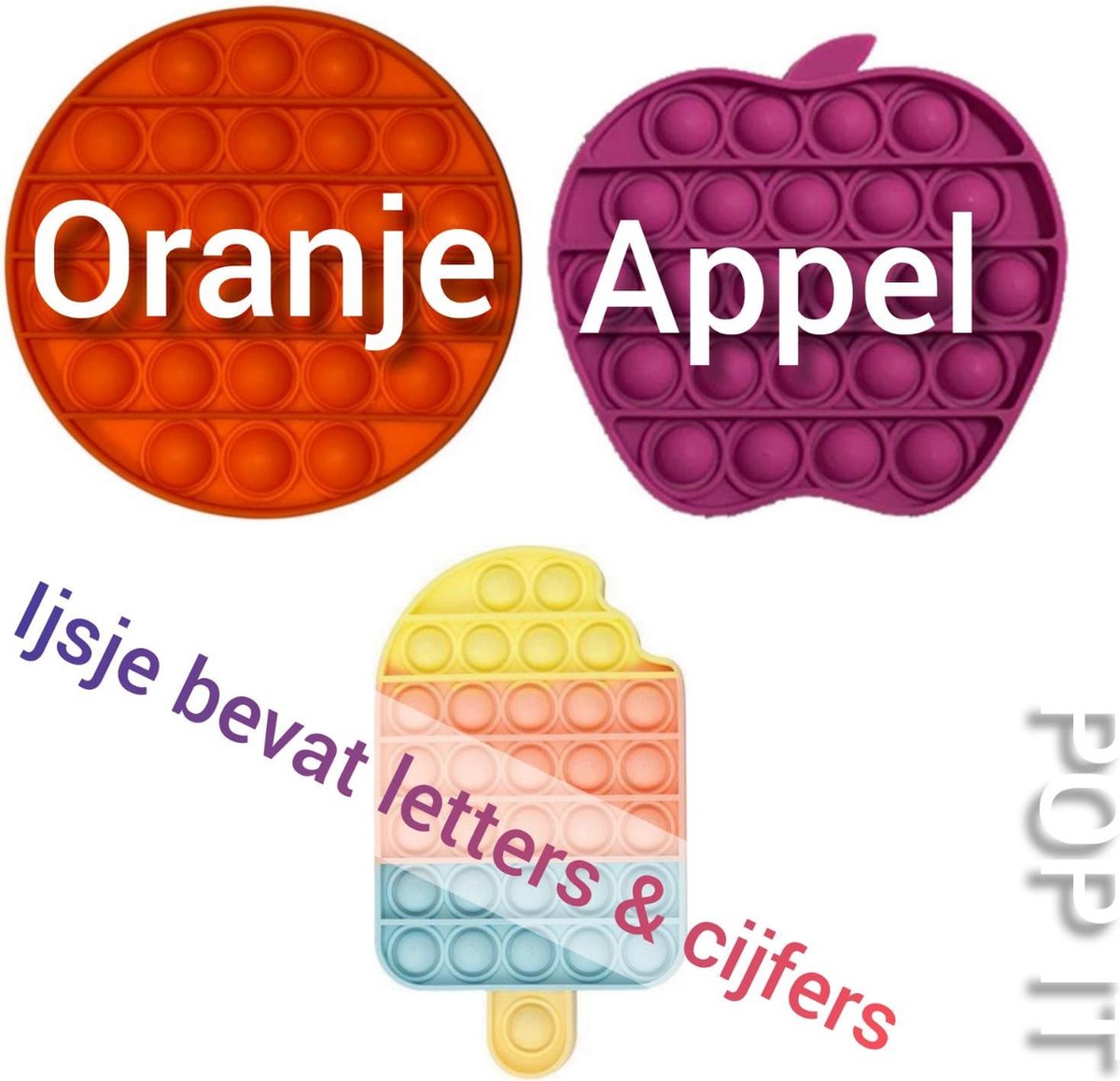 Pop IT | Fidget toys pakket van 3 stuks | Rond oranje + Appel paars + ijsje multi *ijsje bevat letters en cijfers* | Meisjes√ jongens√ volwassenen√ | Trend 2021 | Anti stress | Cadeautip